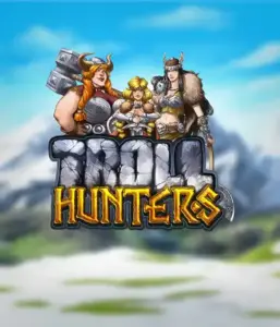 Графика слота "Troll Hunters" от Play'N Go, на котором представлены три воина-викинга: две женщины и один мужчина, облаченные в традиционные броню викингов. На фоне виднеются заснеженные горы, что добавляет атмосферу скандинавской мифологии. Этот слот идеален для любителей викингских саг и эпических приключений.